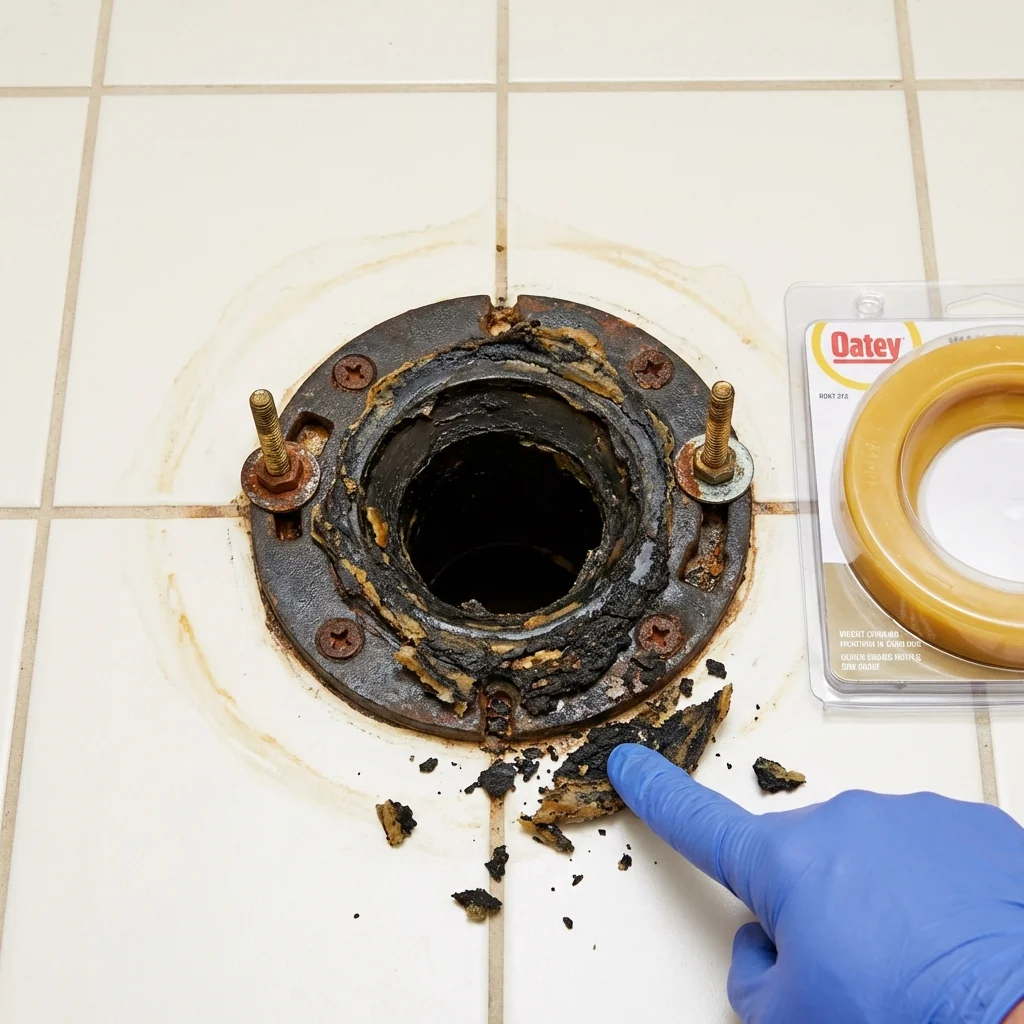 Failed wax ring showing water seepage at the base of a toilet in a Carrollton, IL home