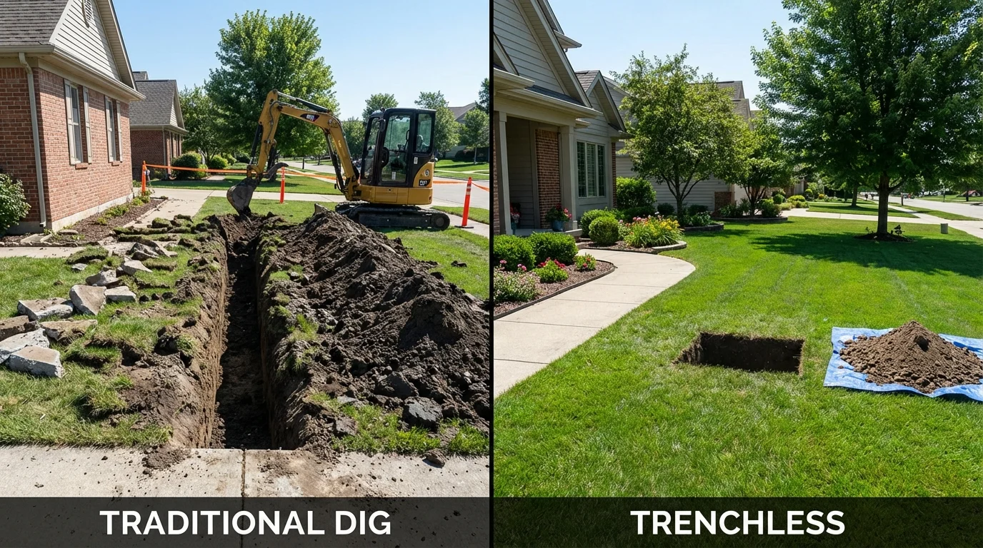 Trenchless sewer repair with minimal yard damage versus traditional excavation in Carrollton, IL