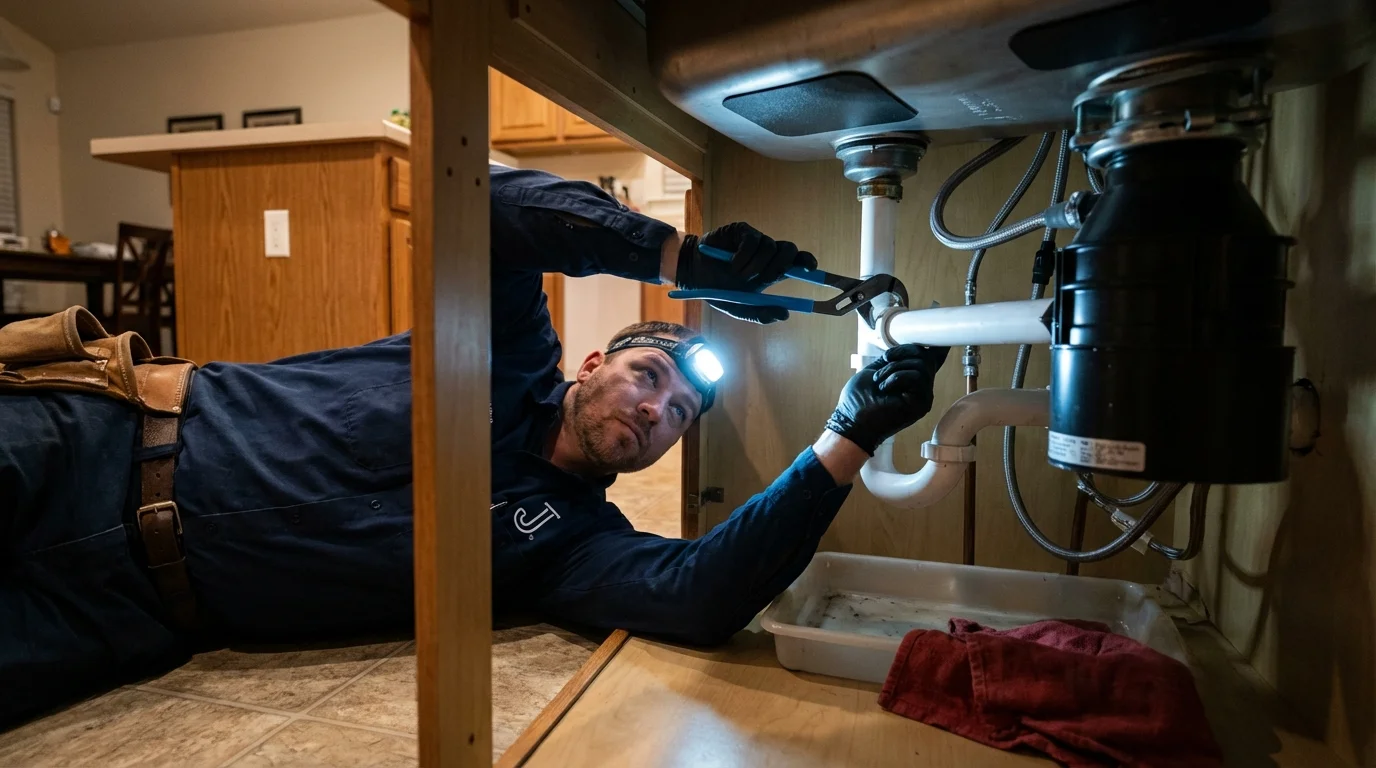 P-trap and supply line connections under a kitchen sink showing a common leak point in Carrollton, IL